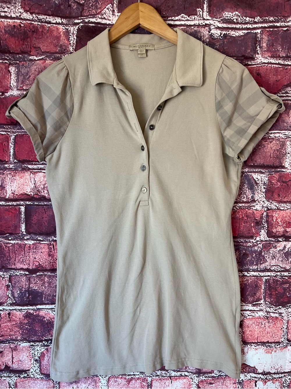Burberry Brit Nova Check Puff Sleeve Pique Polo Shirt Nude Beige Size M
